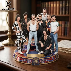 Freddie Mercury 80th Anniversary multi-figure statue on a circular base with Queen branding and various iconic outfits.!