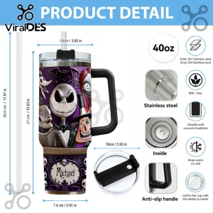 Nightmare Before Christmas 40oz stainless steel tumbler with handle, purple print featuring Jack Skellington and name.!