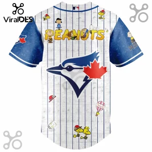 Toronto Blue Jays baseball jersey featuring Peanuts comic characters, blue and white stripes, and a large central team logo.!
