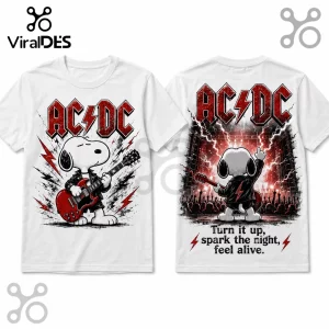 White graphic t-shirt featuring Snoopy as an AC/DC rock star with a red electric guitar on front and stage view on back.!