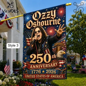 Ozzy Osbourne garden flag with eagle, Liberty Bell, and fireworks, featuring 250th anniversary text and US flag motifs.!