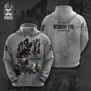 Grey Resident Evil 30th anniversary hoodie with character collage, DNA helix graphic, and umbrella logo on sleeves.!