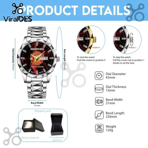 Manchester United themed analog watch with stainless steel band, red digital geometric dial, and custom name engraving area.!
