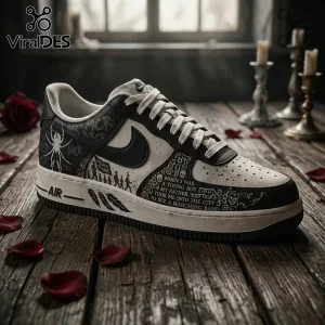 Custom Nike Air Force 1 sneaker featuring My Chemical Romance lyrics, spider imagery, and a Black Parade silhouette graphic.!