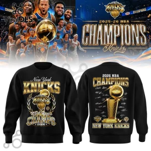 Black New York Knicks 2026 NBA Champions sweatshirt with gold trophy graphic, team logo, and player signatures on back.!