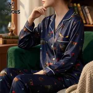 Navy blue button-down silk pajama set featuring a repeating Harry Potter Quidditch pattern with Golden Snitches.!