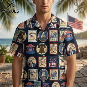 Men's button-up shirt with navy blue background and repeating vintage American stamp patterns including Uncle Sam and bells.!