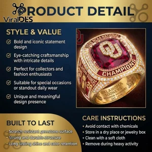 Oklahoma Sooners 2026 NCAA championship ring featuring a red gemstone, gold plating, and surrounding white crystals.!