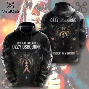 Black long-sleeve hoodie featuring Ozzy Osbourne graphic, text Prince of Darkness, Memories of a Madman, and cross motifs.!