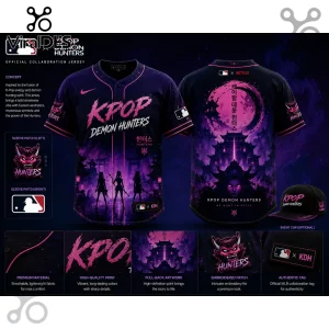 KPOP Demon Hunters baseball jersey featuring purple gradient, temple silhouette, pink text, and MLB collaboration logo.!