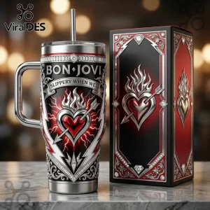 Bon Jovi Slippery When Wet stainless steel tumbler with straw featuring a flaming heart and silver arrow graphic.!