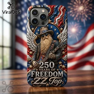 iPhone case featuring a bearded guitarist, American flag background, fireworks, and text reading 250 Years of Freedom ZZ Top.!