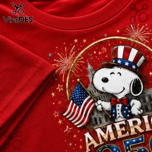 Red cotton t-shirt with Snoopy wearing an Uncle Sam hat, bowtie, and vest holding an American flag with fireworks.!