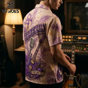 Man wearing a cream button-down shirt with a purple Prince Purple Rain graphic featuring a guitar and microphone.!