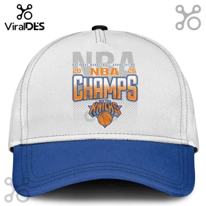 New York Knicks 2026 NBA Champs baseball cap featuring an orange and blue graphic on a white crown with a blue visor.!