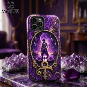 Prince-themed purple marble phone case with a gold Love Symbol emblem and a rock star silhouette under a full moon.!