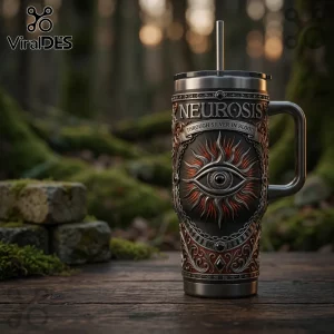 Neurosis Through Silver in Blood stainless steel tumbler with engraved eye motif, red accents, and metal straw.!