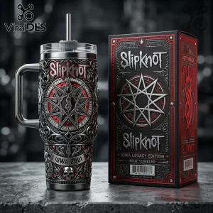 Slipknot Iowa 2001 embossed stainless steel tumbler with straw, featuring nona-gram star logo, skull art, and matching box.!