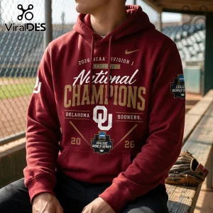 Maroon Nike hoodie featuring Oklahoma Sooners 2026 NCAA National Champions baseball graphics and gold text.!
