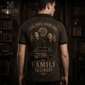 Black polo shirt featuring Sam and Dean Winchester, a 1967 Chevrolet Impala, and the text The Family Business.!
