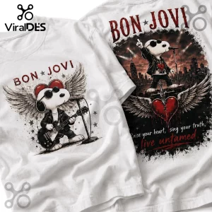 White cotton t-shirts featuring Snoopy as a rock star with wings, sunglasses, guitar, and Bon Jovi text graphics.!