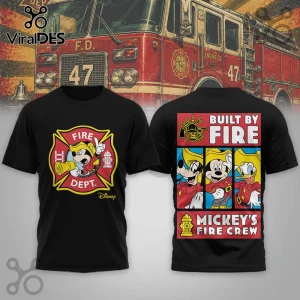 Black t-shirt featuring Mickey Mouse in firefighter gear on front and Goofy, Mickey, and Donald on the back.!