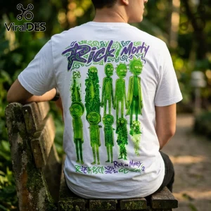 White cotton t-shirt featuring green Rick and Morty character variants and purple text printed on the back.!