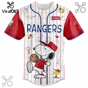 Texas Rangers baseball jersey with Snoopy wearing a red cap and glove on white pinstriped fabric with Peanuts comic print.!