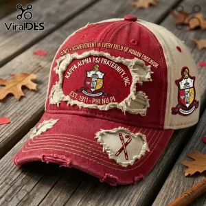 Kappa Alpha Psi baseball cap in distressed crimson and tan with embroidered fraternity crest and crossed canes on bill.!