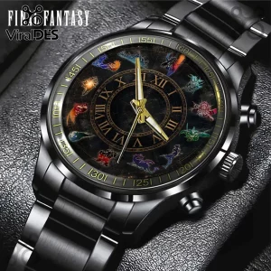 Black metal analog watch with Final Fantasy creature icons on the dial, Roman numerals, and gold-tone clock hands.!