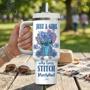 White 40oz stainless steel tumbler with handle featuring Stitch graphic, blue floral print, and custom name Michael.!