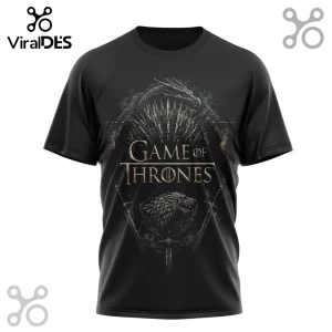 Black crew neck t-shirt featuring a Game of Thrones graphic with the Iron Throne, a dragon, and a wolf sigil.!