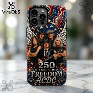 AC/DC band iPhone case featuring patriotic eagle wings, stars, and text 250 Years of Freedom in red, white, and blue.!