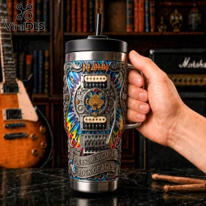 Def Leppard stainless steel tumbler with guitar fretboard design, black lid, straw, and rock band imagery.!