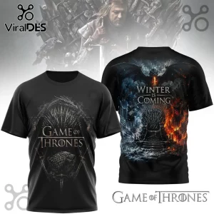 Black Game of Thrones t-shirt with front sword crest and back graphic of the Iron Throne, dragon, and text Winter is Coming.!
