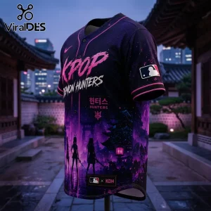 K-pop Demon Hunters purple and black baseball jersey with anime silhouettes, Korean text, and baseball league logos.!