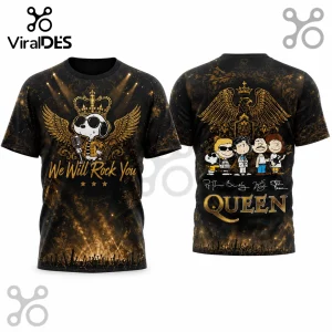 Black Peanuts Queen band graphic t-shirt featuring Snoopy as Freddie Mercury and the Peanuts gang with gold rock motifs.!