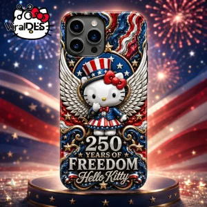 Hello Kitty in patriotic Uncle Sam outfit with wings on a phone case, featuring 250 Years of Freedom text and firework art.!