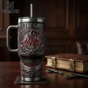 At The Gates Slaughter of the Soul metal tumbler with black and red gothic flame relief, silver straw, and handle.!