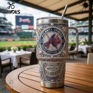Atlanta Braves stainless steel Yeti tumbler featuring team logo, Truist Park imagery, and decorative bead work.!