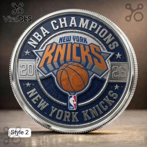 New York Knicks 2026 NBA Champions commemorative silver coin with blue, orange, and silver relief basketball team logo.!