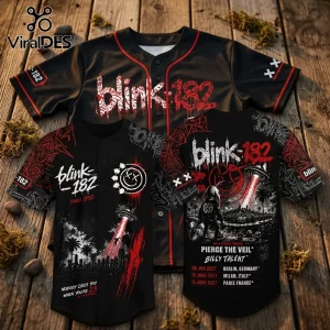 Blink-182 baseball jersey featuring red and white band graphics, alien abduction art, and 2027 tour dates on black fabric.!