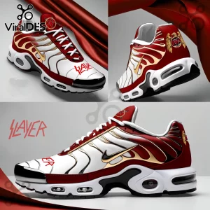 Slayer branded athletic sneakers featuring red, white, and gold colorway with eagle pentagram logos and white laces.!