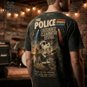 Charcoal mineral wash t-shirt featuring Snoopy playing guitar in a bayou with The Police and CCR text graphics.!