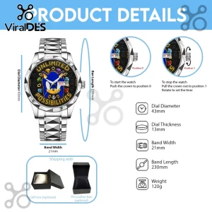 Sonic the Hedgehog watch with stainless steel band, 43mm dial featuring Chaos Emeralds and Unlimited Possibilities text.!