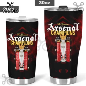 Arsenal FC Gunners Champions 25/26 stainless steel tumbler with Premier League trophy graphic and black and red gradient.!