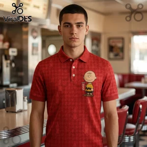 Man wearing a red polo shirt with an all-over Coca-Cola bottle pattern and a Charlie Brown character graphic on the chest.!