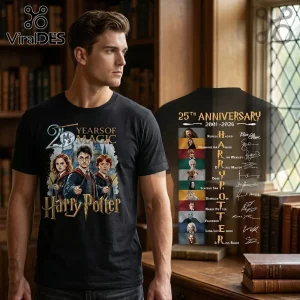 Black cotton t-shirt featuring Harry Potter 25th anniversary graphic, character portraits, and cast signatures on the back.!