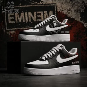 Custom Nike Air Force 1 sneakers featuring black and white leather, Eminem portrait, and Lose Yourself text graphics.!