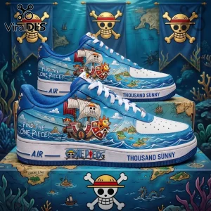 One Piece anime theme sneakers featuring Thousand Sunny ship graphics, blue sea motifs, and white soles on a map box.!